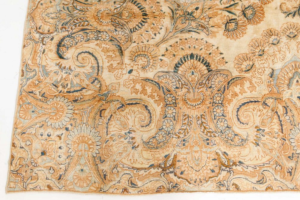 Antique Botanic Persian Kirman Beige, Brown, Blue Handmade Wool Rug BB7513