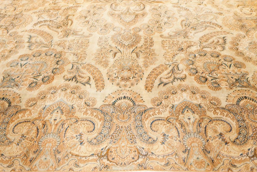 Antique Botanic Persian Kirman Beige, Brown, Blue Handmade Wool Rug BB7513