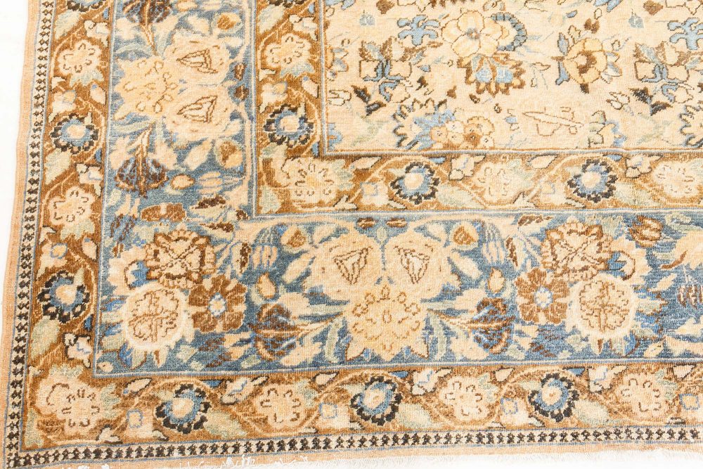 Authentic 19th Century Persian Tabriz Beige Blue Handmade Wool Carpet BB7524