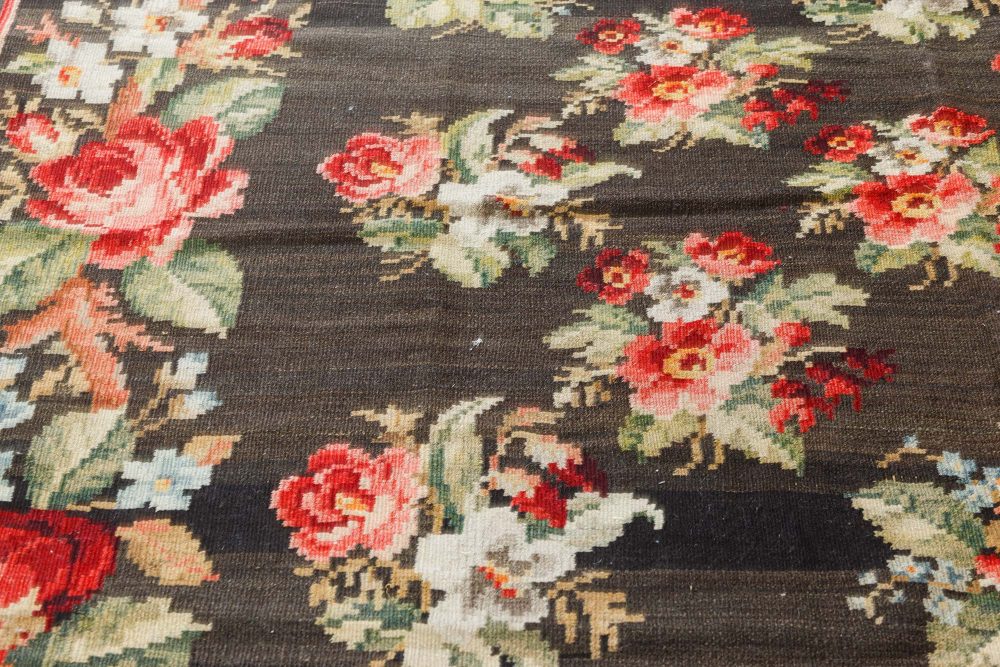 Antique Russian Bessarabian Botanic Black, Red, Green, Blue Rug BB7535