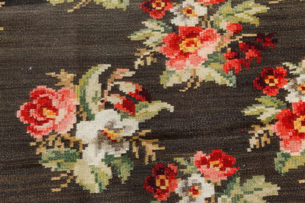 Antique Russian Bessarabian Botanic Black, Red, Green, Blue Rug BB7535