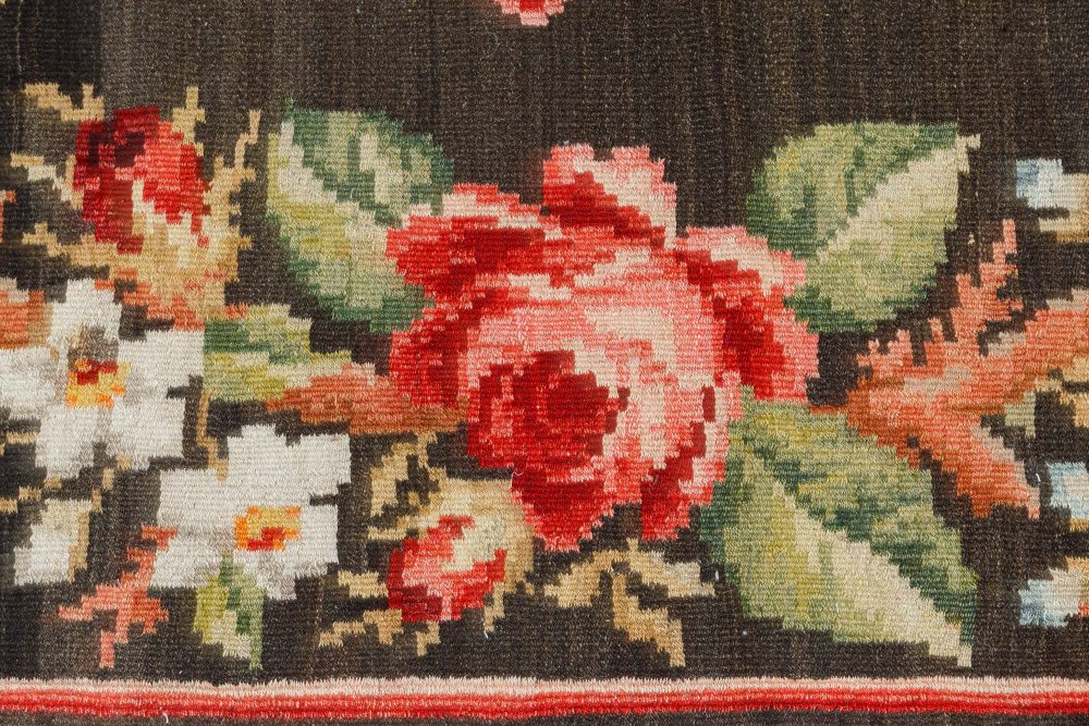 Antique Russian Bessarabian Botanic Black, Red, Green, Blue Rug BB7535