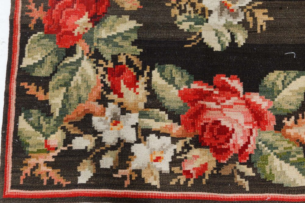 Antique Russian Bessarabian Botanic Black, Red, Green, Blue Rug BB7535