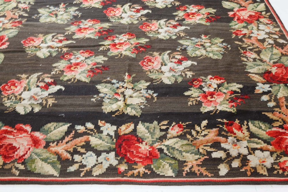 Antique Russian Bessarabian Botanic Black, Red, Green, Blue Rug BB7535