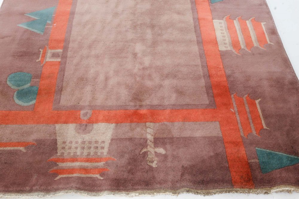 Mid-20th Century Chinese Art Deco Botanic Design Red, Green Handmade Wool Rug BB7537