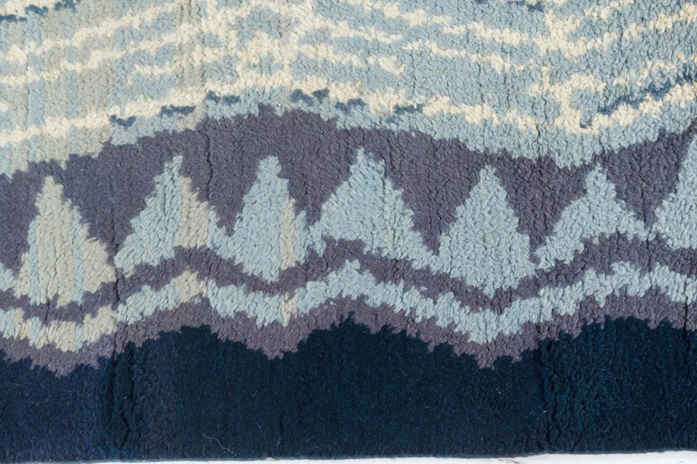 One-of-a-kind Vintage Art Deco Ivory, Blue, Purple Handmade Wool Rug BB7539