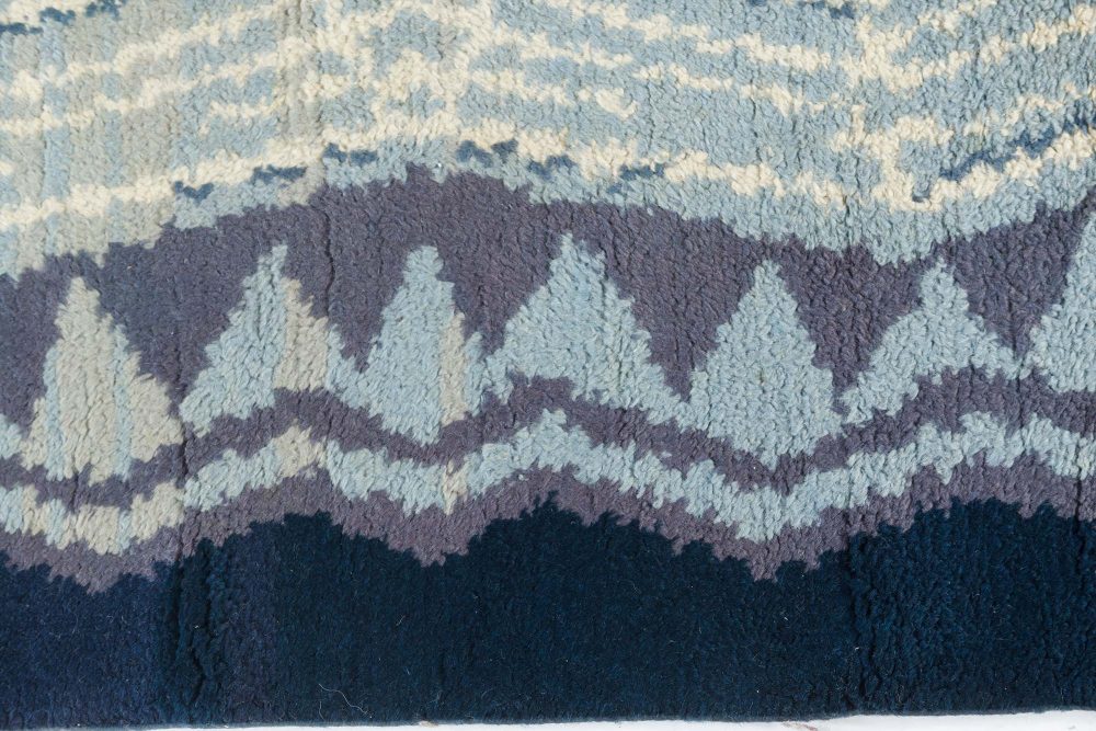 One-of-a-kind Vintage Art Deco Ivory, Blue, Purple Handmade Wool Rug BB7539