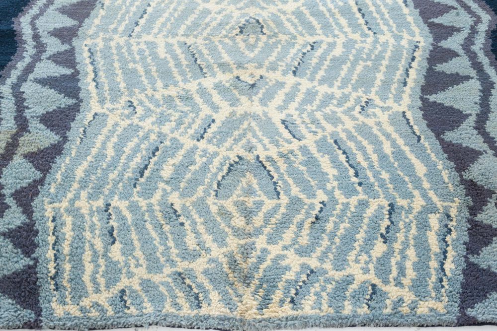 One-of-a-kind Vintage Art Deco Ivory, Blue, Purple Handmade Wool Rug BB7539