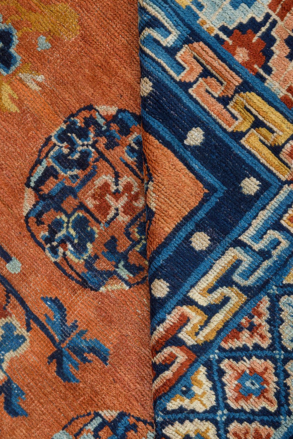 Vintage Chinese Botanic Pale Orange, Blue Handmade Wool Rug BB7541