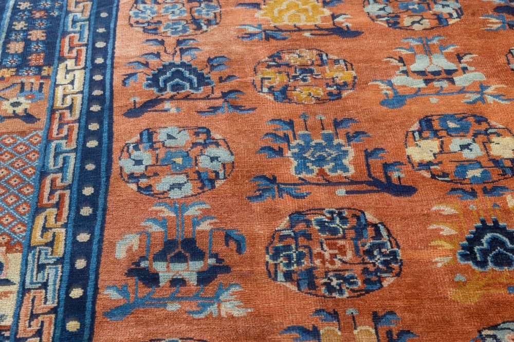 Vintage Chinese Botanic Pale Orange, Blue Handmade Wool Rug BB7541