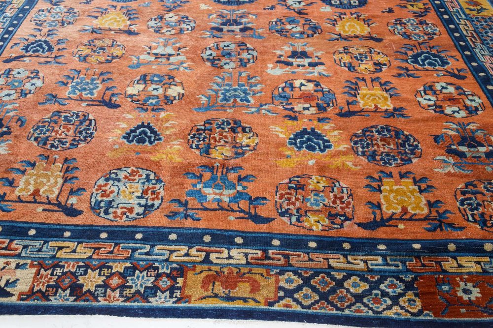 Vintage Chinese Botanic Pale Orange, Blue Handmade Wool Rug BB7541
