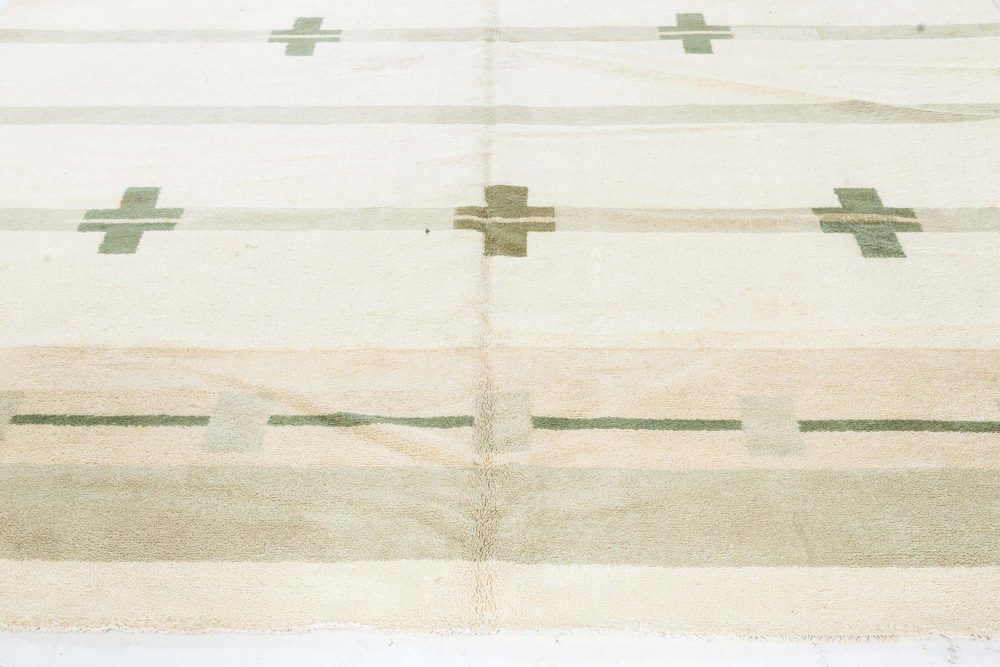 Midcentury Art Deco Handmade Wool Rug in Beige and Green BB7543