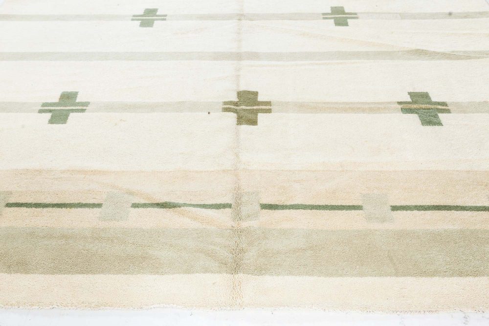 Midcentury Art Deco Handmade Wool Rug in Beige and Green BB7543