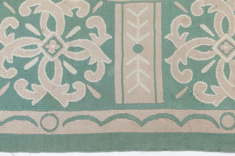 Authentic French Aubusson Green Beige Handmade Rug BB7545