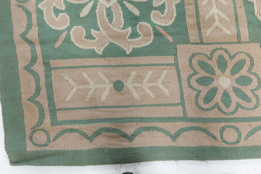Authentic French Aubusson Green Beige Handmade Rug BB7545