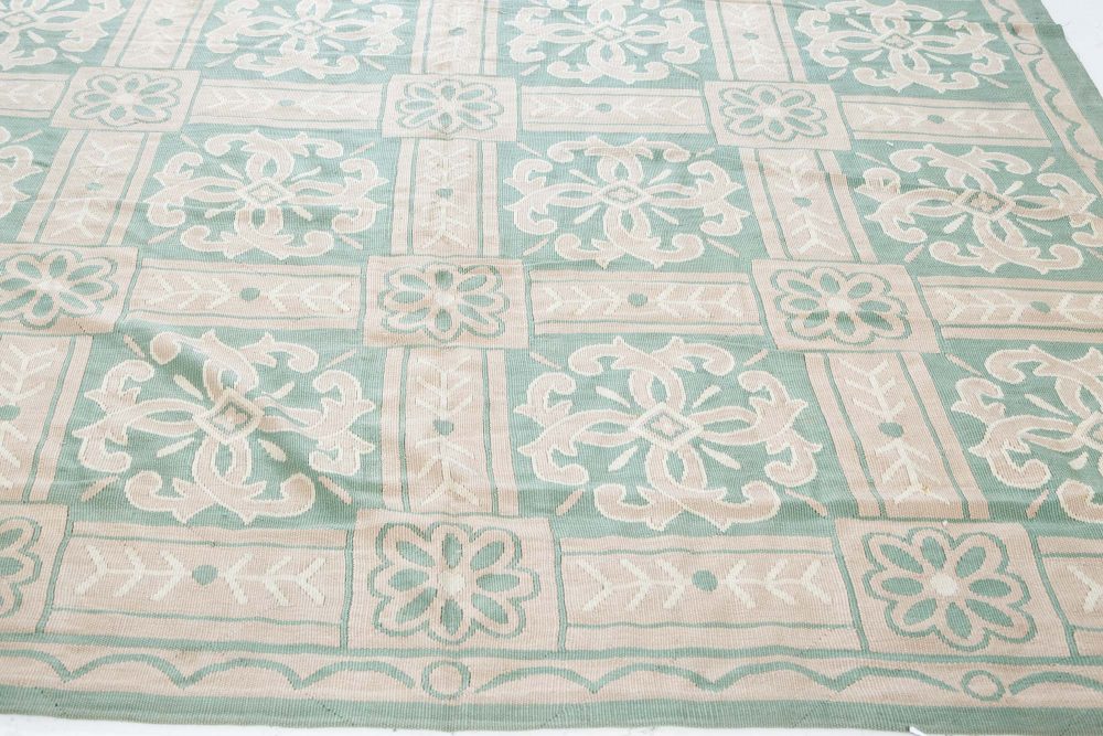 Authentic French Aubusson Green Beige Handmade Rug BB7545