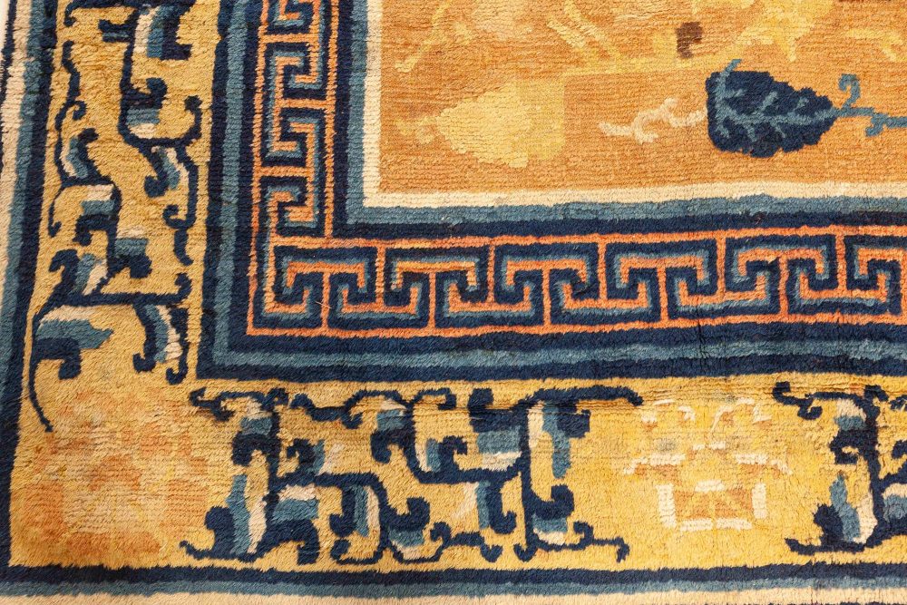 Authentic 19th Century Chinese Beige, Brown, Blue and White Handwoven Wool Rug BB5654