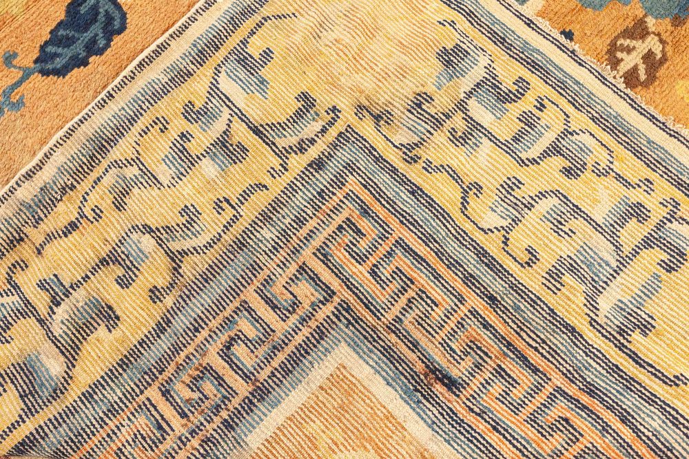 Authentic 19th Century Chinese Beige, Brown, Blue and White Handwoven Wool Rug BB5654