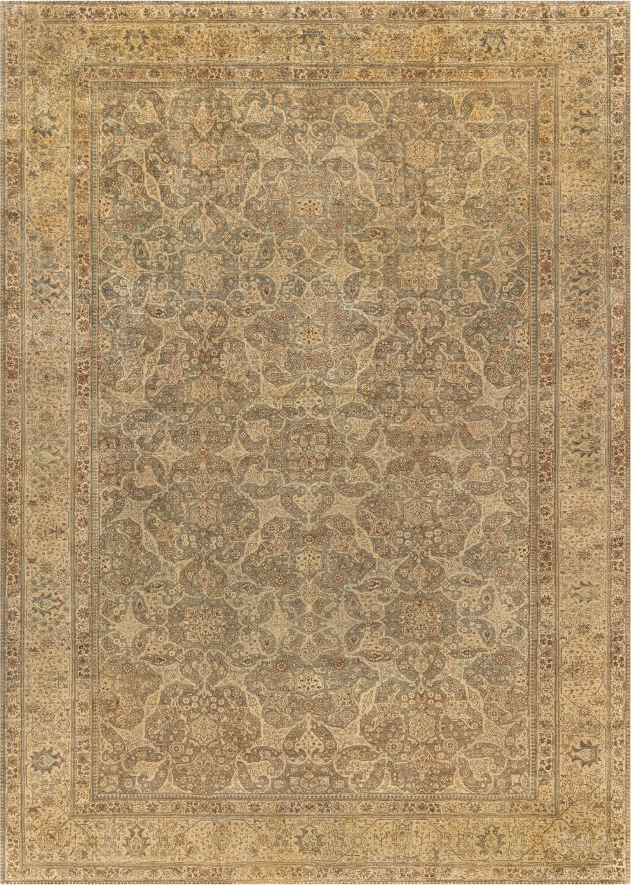 Authentic 19th Century Persian Tabriz Green, Brown Botanic Carpet BB2862
