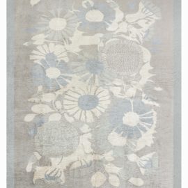 “Lily” Contemporary Art Deco Floral Light Gray Hand-Knotted Silk Rug N10967