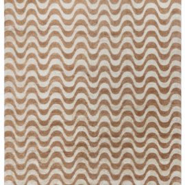 “Onda” Contemporary Geometric Wave Warm Tan And Light Beige Hand-Knotted Wool & Silk Rug N10720