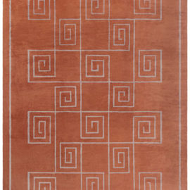 Modern Geometric Greek Key Design Burnt Orange Hand-Knotted Wool & Silk Oversized Rug “Meandros” N12750