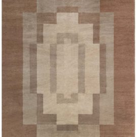 Modern Art Deco Geometric Warm Tan Handmade Wool Rug “Marche” N12734