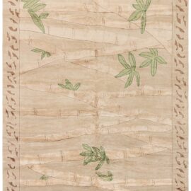 Modern Art Deco Botanical Warm Tan Hand-Knotted Wool & Silk Rug “Bambusa” N12989