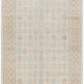 “Mistleaf” Contemporary Floral Leaf Motif Light Beige Hand-Knotted Wool Rug N12937