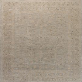 “Square” Traditional Modern Samarkand-Inspired Cream Beige Hand-Knotted Wool Rug N10671