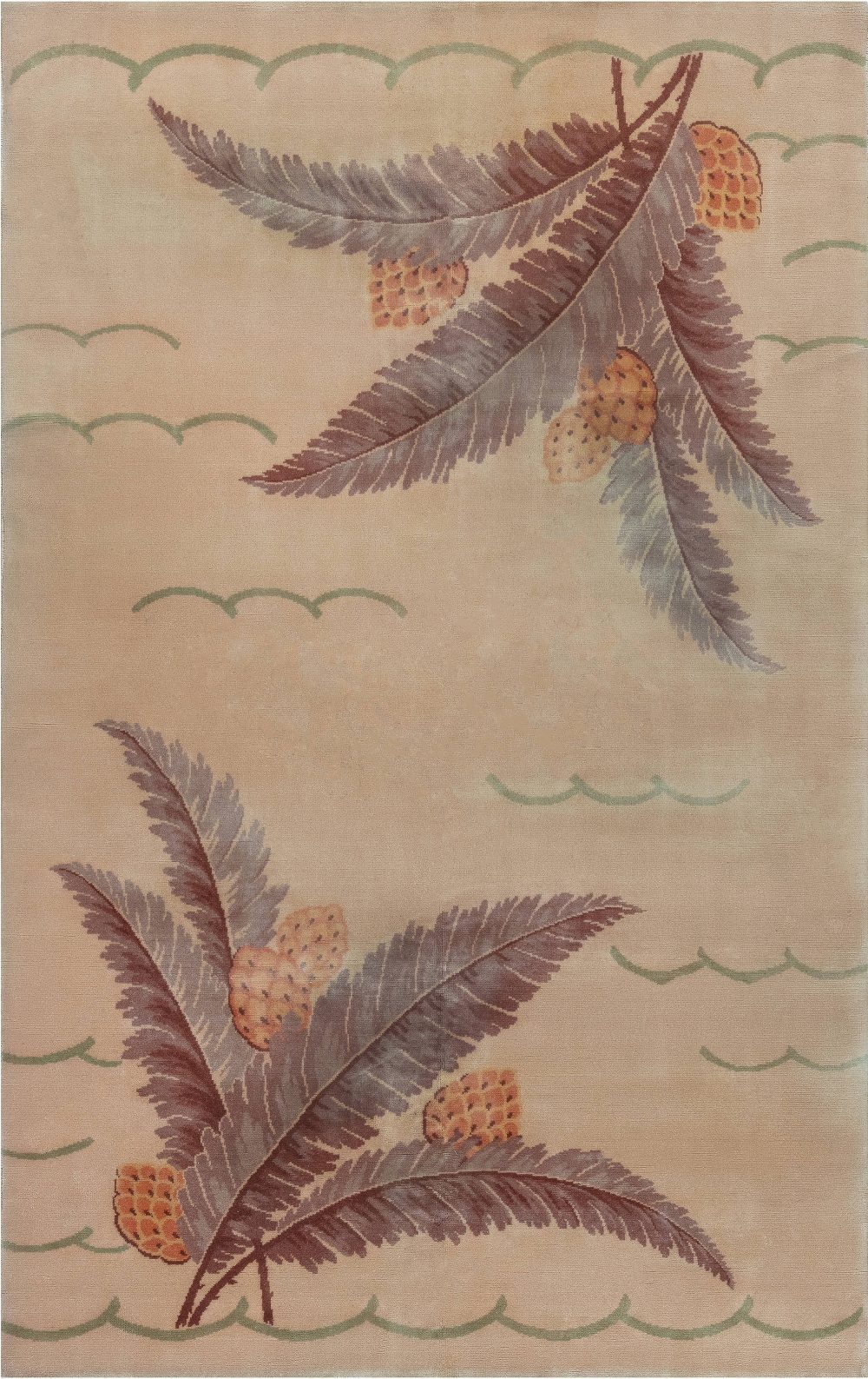French Art Deco Pine-Cone Design on Beige Background Handmade Wool Rug BB7146
