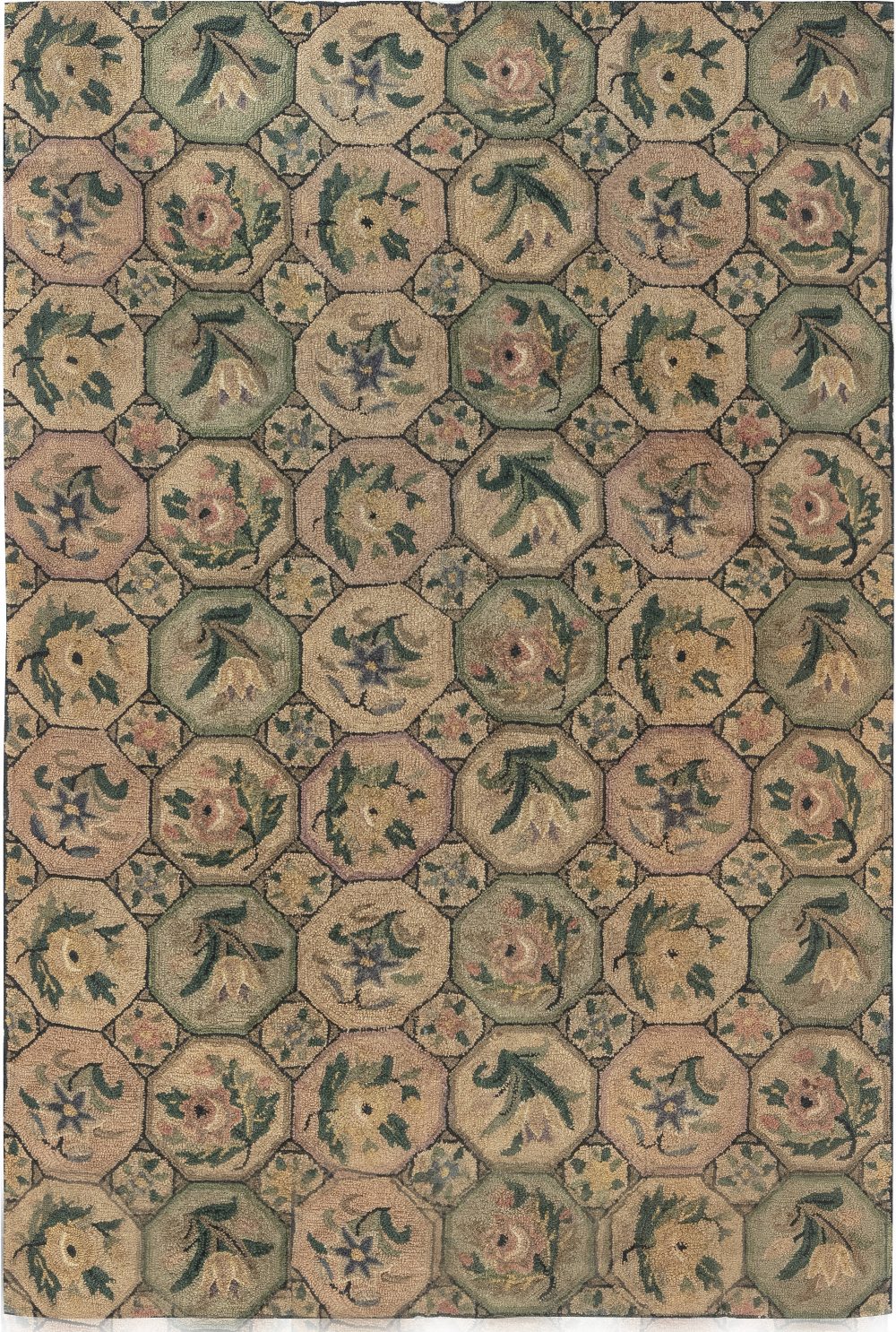 Midcentury Tulip and Roses Handmade Wool American Hooked Rug BB7109