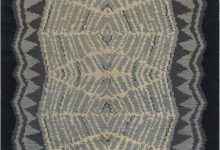 One-of-a-kind Vintage Art Deco Ivory, Blue, Purple Handmade Wool Rug BB7539
