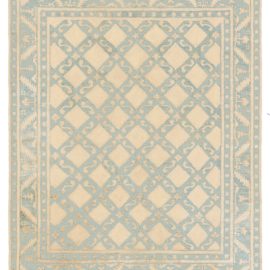 Vintage Chinese Art Deco Geometric Light Beige With Light Blue Hand-Knotted Wool Rug BB8534