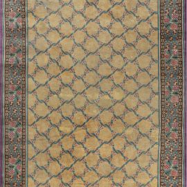 Vintage French Art Deco Floral Golden Tan Hand-Knotted Wool Rug By Jules Coudyser BB7101