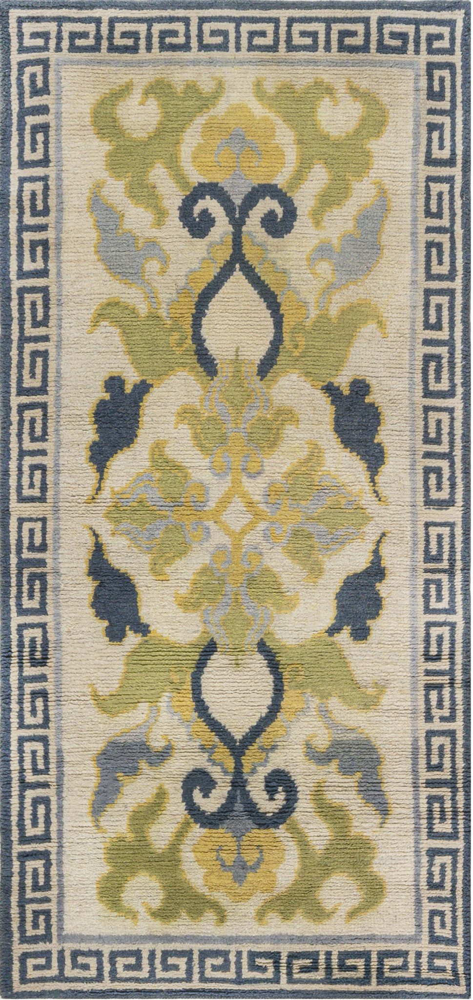 Mid-20th Century Japanese Floral Design Ivory, Green, Blue Handwoven Wool Rug BB7430