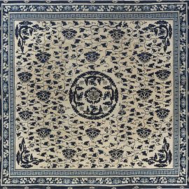 Vintage Chinese Floral Light Beige With Navy Blue Hand-Knotted Wool Rug Peking BB7126