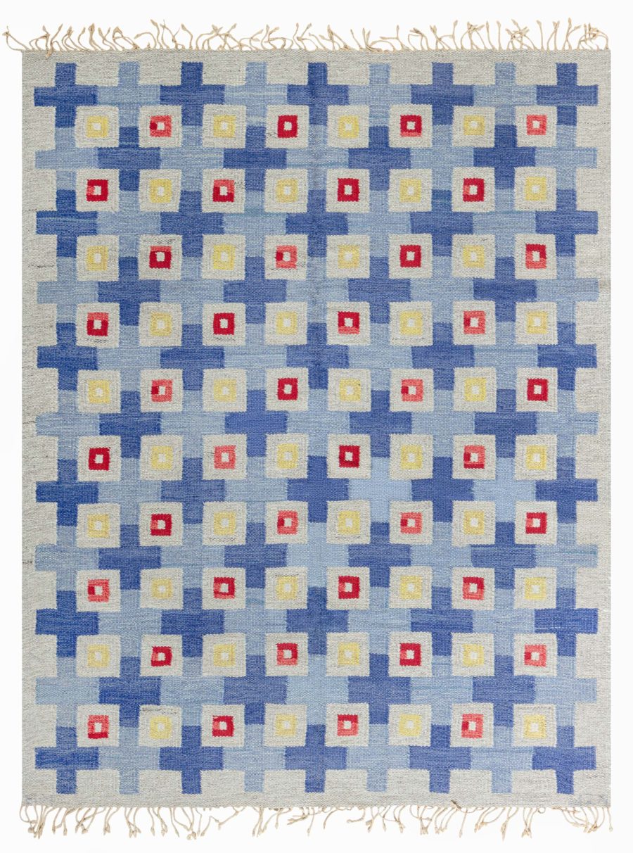 Midcentury Swedish Blue, Red, Yellow and Beige Flat-Woven Wool Rug BB5802