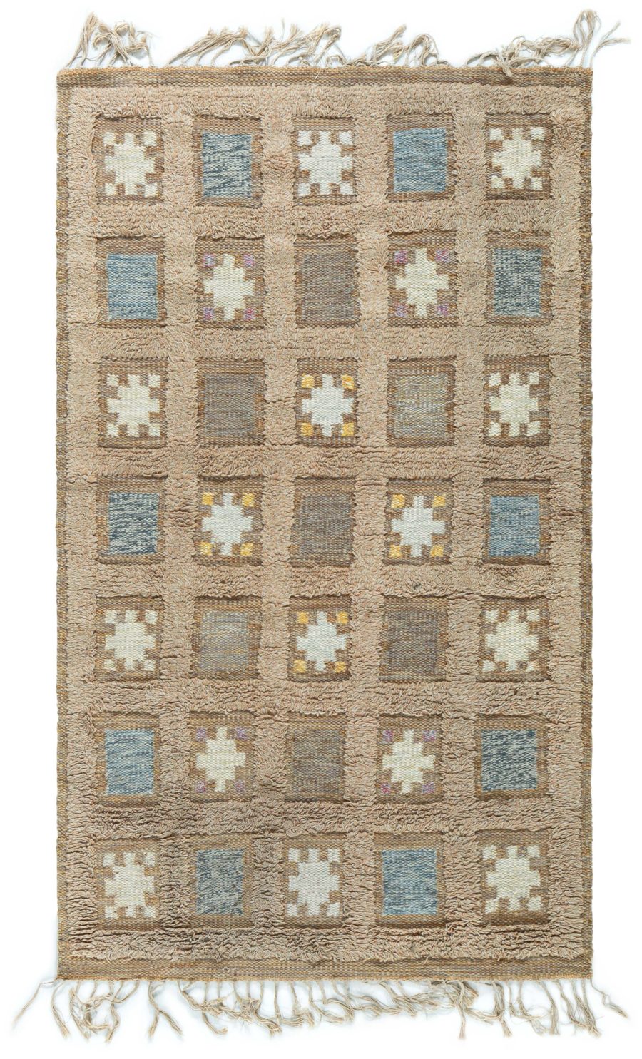 Swedish Handmade Wool Pile Rug in Dark Beige, Blue and Yellow BB5456