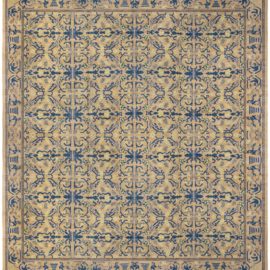 Vintage Spanish Geometric Warm Tan With Navy Blue Hand-Knotted Wool Rug BB8734