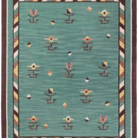 Mid-Century Swedish Floral Teal Flatweave Wool Rug BB8767