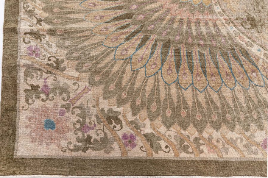 Vintage Chinese Botanic Brown and Sage Handmade Wool Rug BB8489