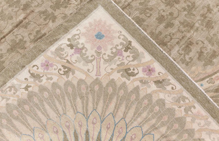 Vintage Chinese Botanic Brown and Sage Handmade Wool Rug BB8489
