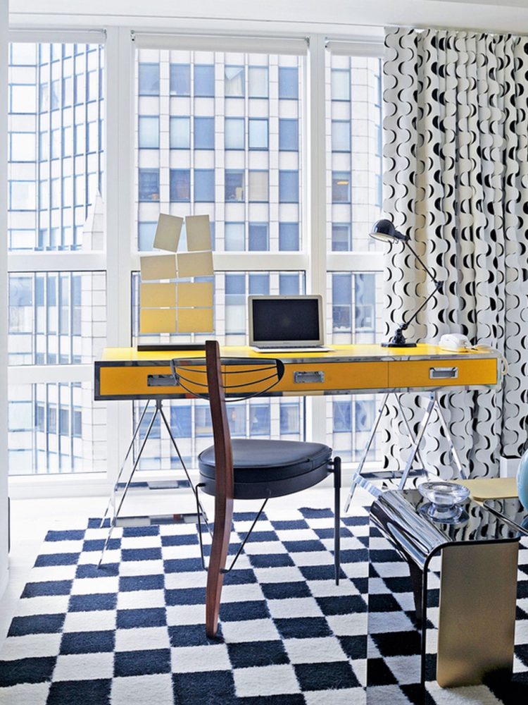 Retro vintage office in blue & yello with Doris leslie Blau rug