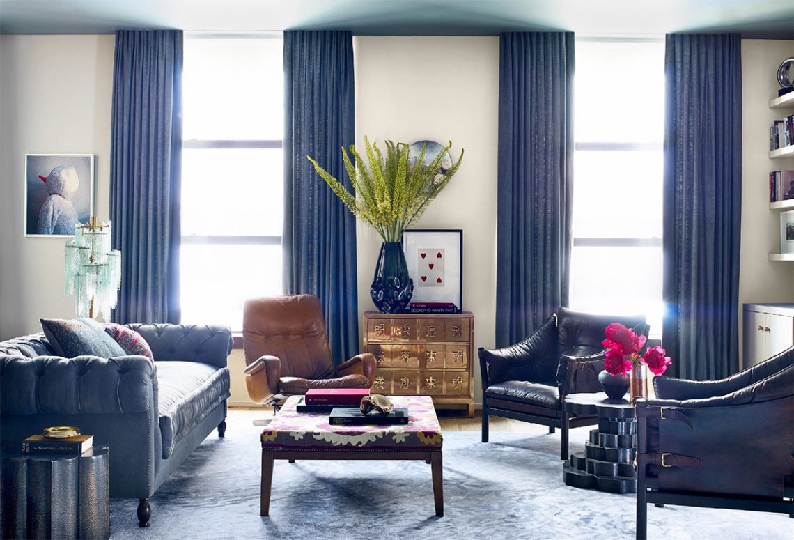 Elegant blue living room with Doris Leslie Blau rug