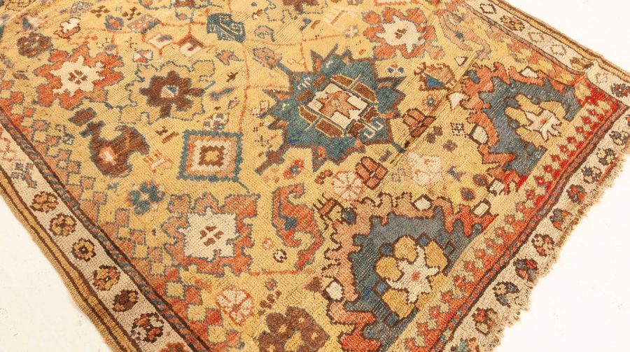 19th Century Caucasian Beige, Indigo, White, Rosewood & Brown Handmade Wool Rug BB6361