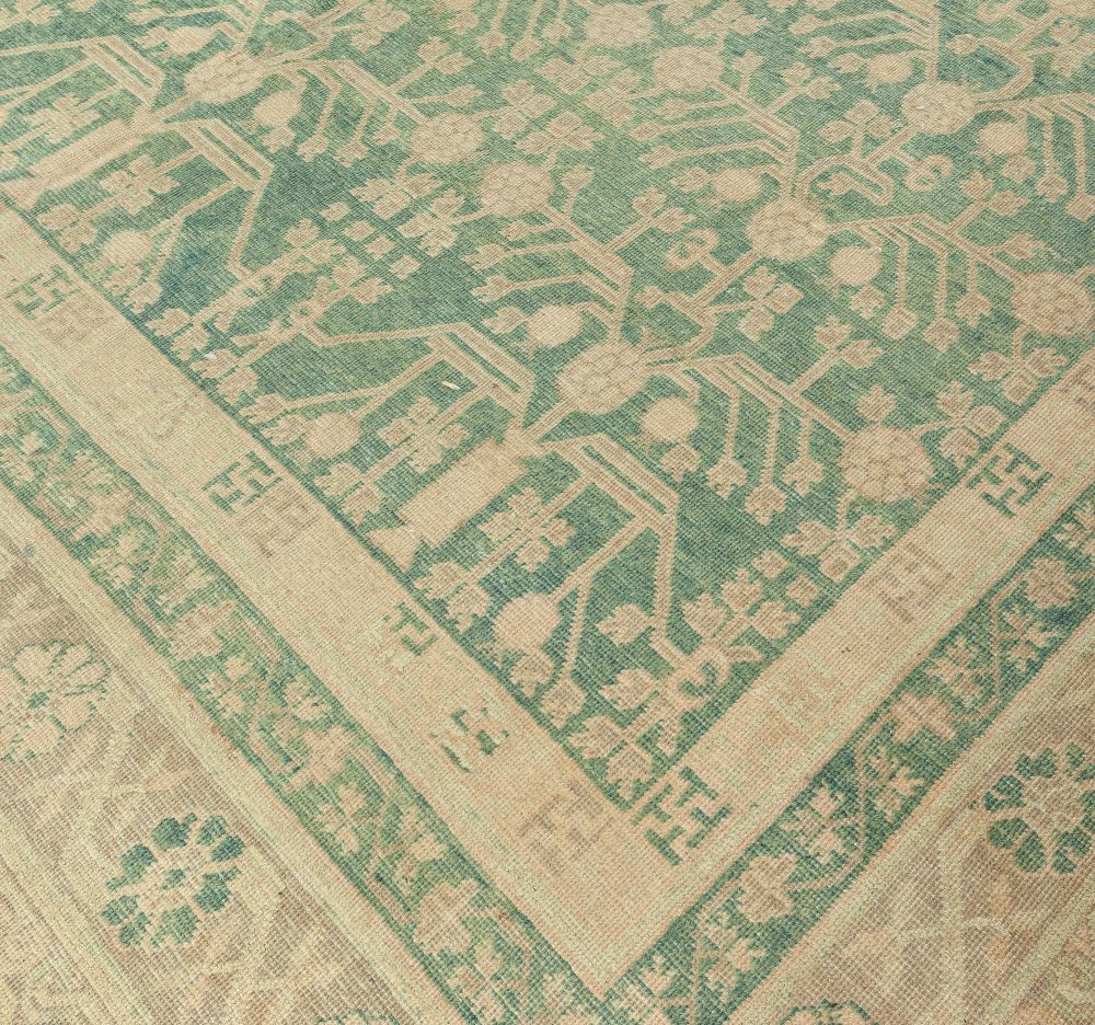 Vintage Samarkand Dark Teal, Ivory Beige Hand Knotted Wool Rug BB6365