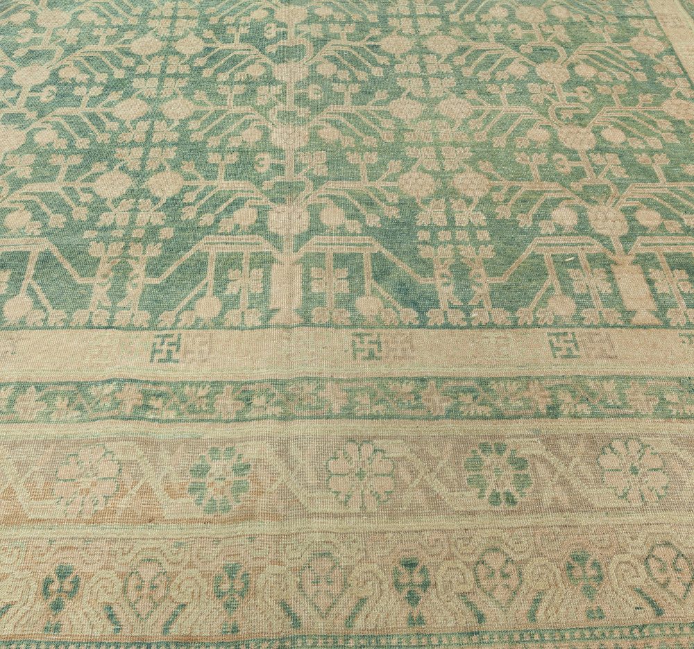 Vintage Samarkand Dark Teal, Ivory Beige Hand Knotted Wool Rug BB6365