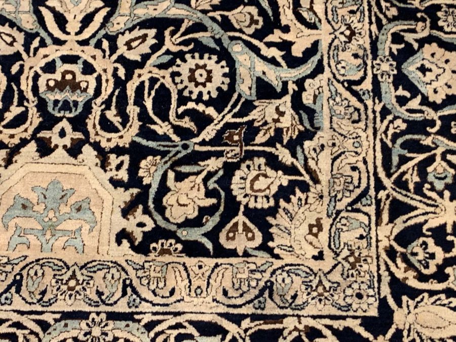 Antique Persian Kirman Navy Blue and Beige Handwoven Wool Rug BB6369