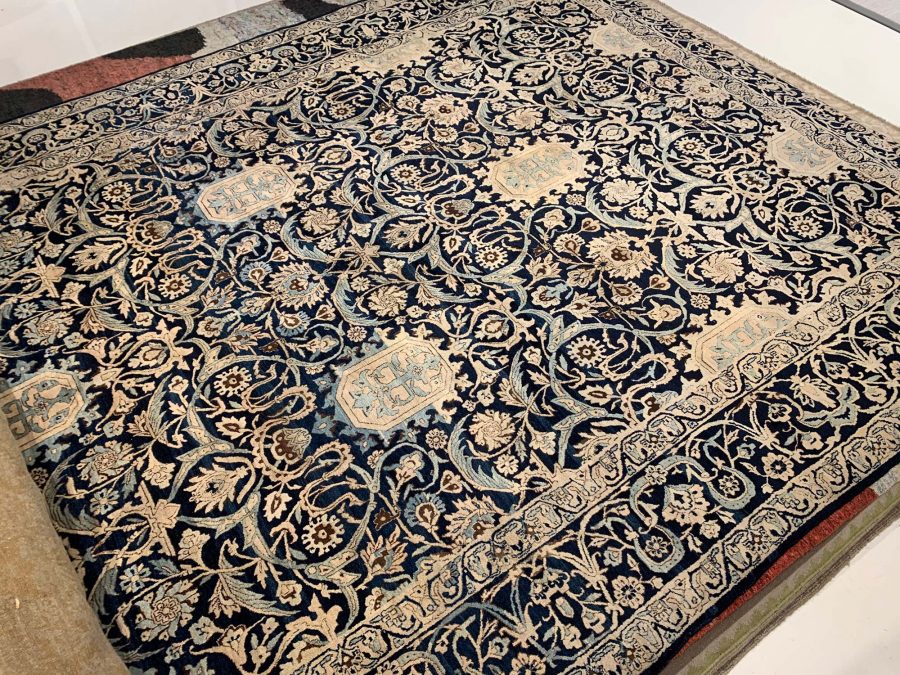 Antique Persian Kirman Navy Blue and Beige Handwoven Wool Rug BB6369